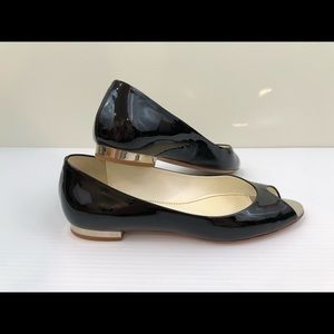 CHANEL Black Patent Leather Peep Toe Flats